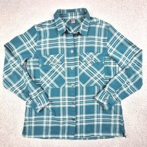 Eddie Bauer Shirt Womens Small Teal Green Plaid Flannel Button Up Long Sleeve